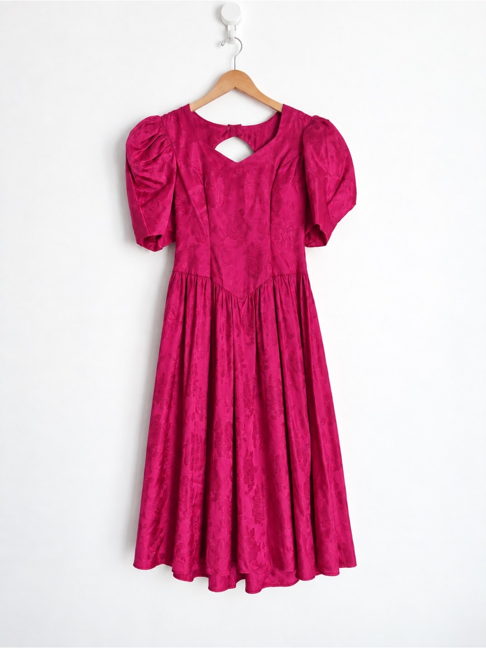 Vintage Fuchsia Rose Jacquard Basque Waist Puff Sleeve Dollcore Dress XS-S